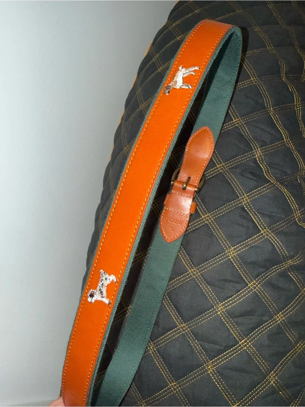 J.Crew Leather Orange & Green Mens Belt with Embroidered Dog Motifs (Never Worn)